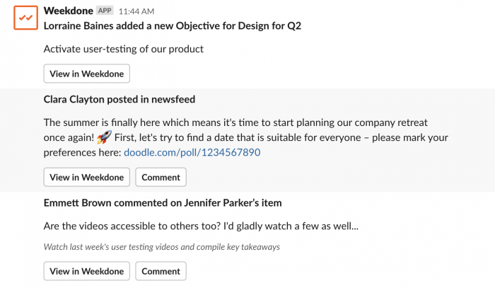 Weekdone newsfeed in Slack