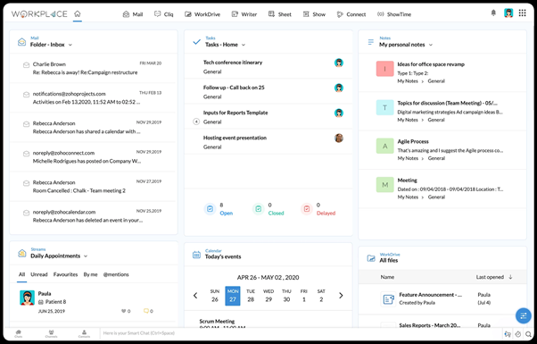 Homepage of the Zoho, showing tasks, notes, calander, agenda, and files. 