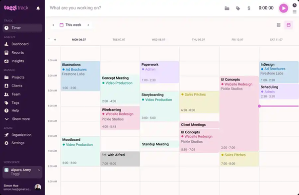 Calendar view of the Toggl time-tracking app