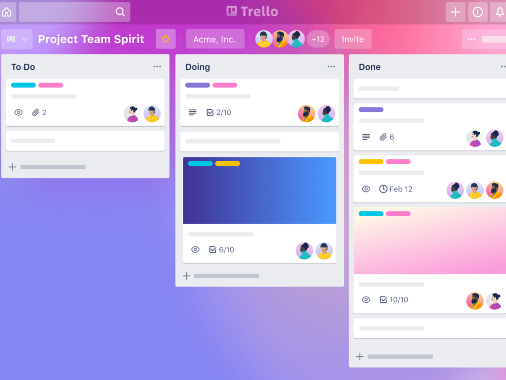 Trello dashboard being used to manage team projects