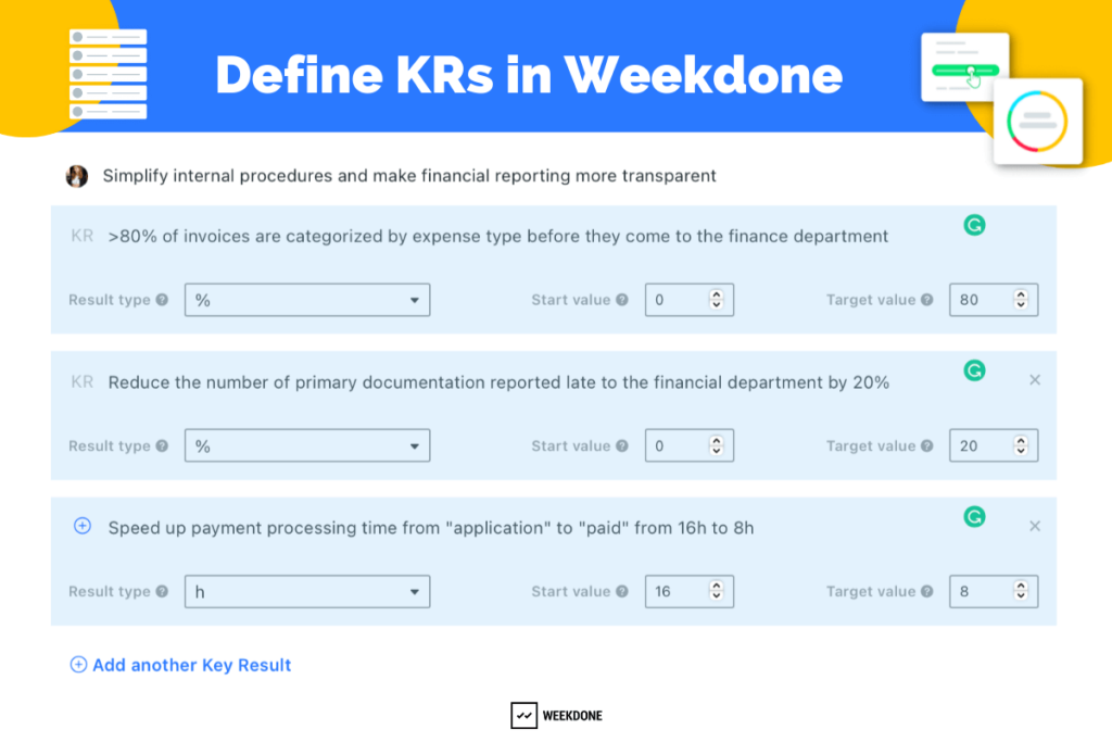 Define your Key Results in Weekdone OKRs for startups 