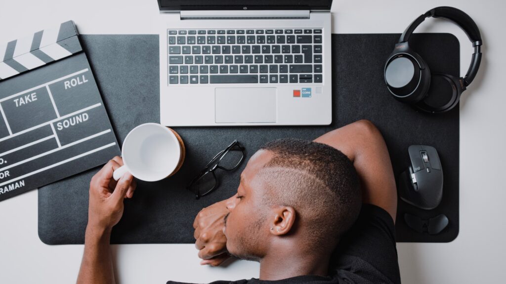 example image of zoom burnout with man at desk