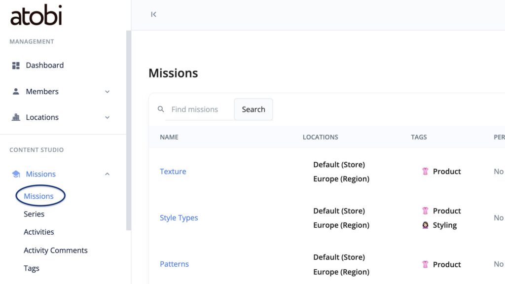 Atobi product screenshot of Missions dashboard