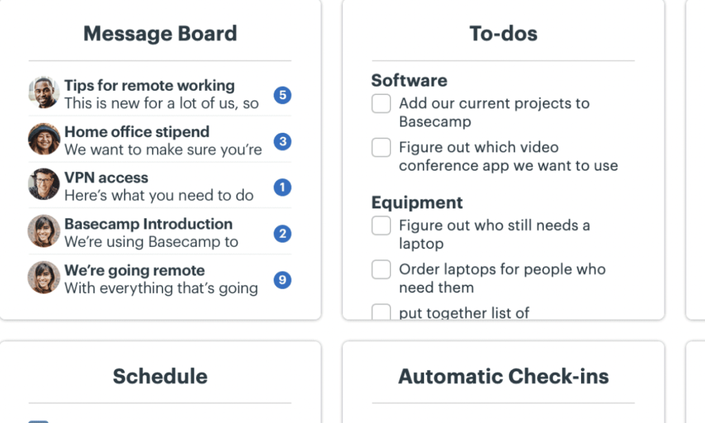 Basecamp remote team software main dashboard view