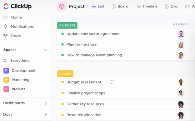 ClickUp collaboration software project task dashboard