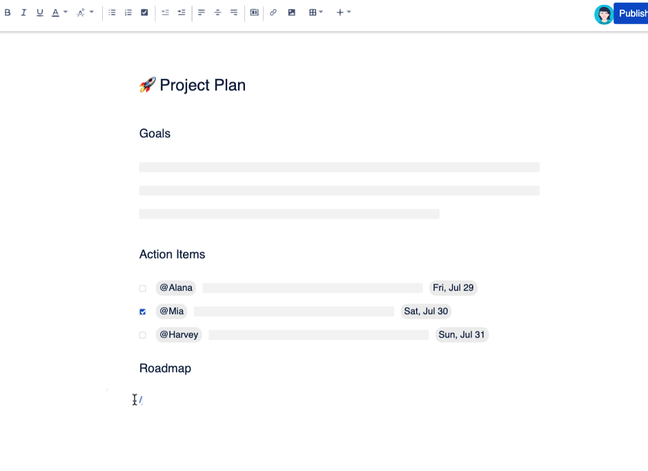 Simple document view of Confluence for planning and goal setting in startups
