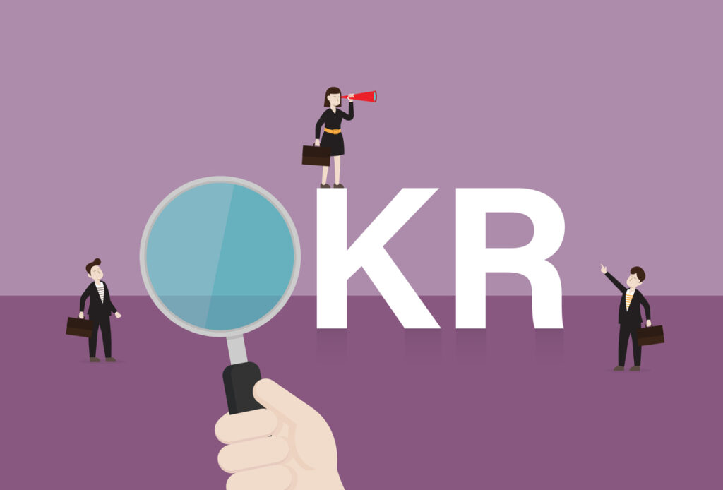 An illustration of employees and the acronym OKR