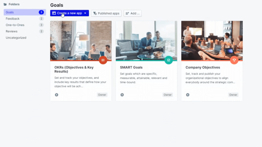 Set goals in your startup - view of folders in the PeopleGoal app