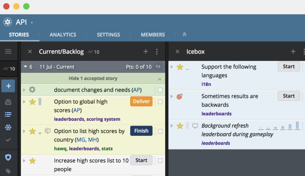 PivotalTracker remote team software Stories tab view