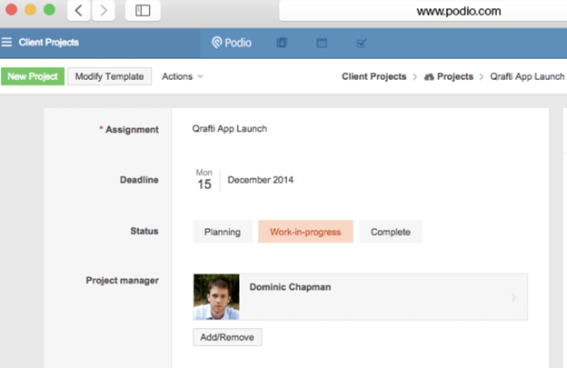 Podio collaboration software project details tab view