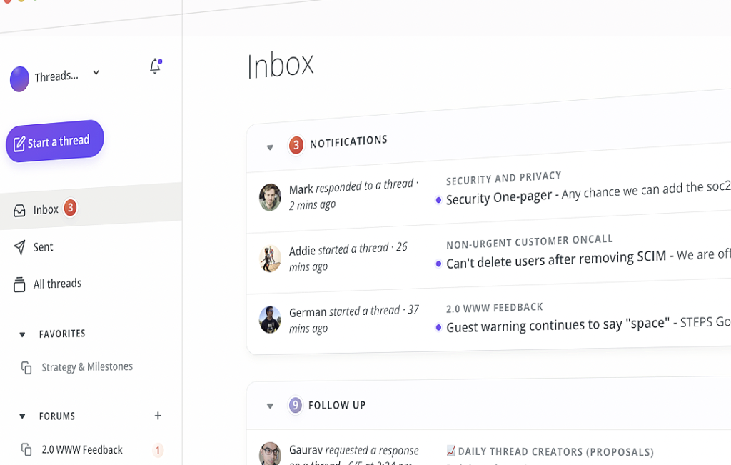 Threads remote team software inbox tab view