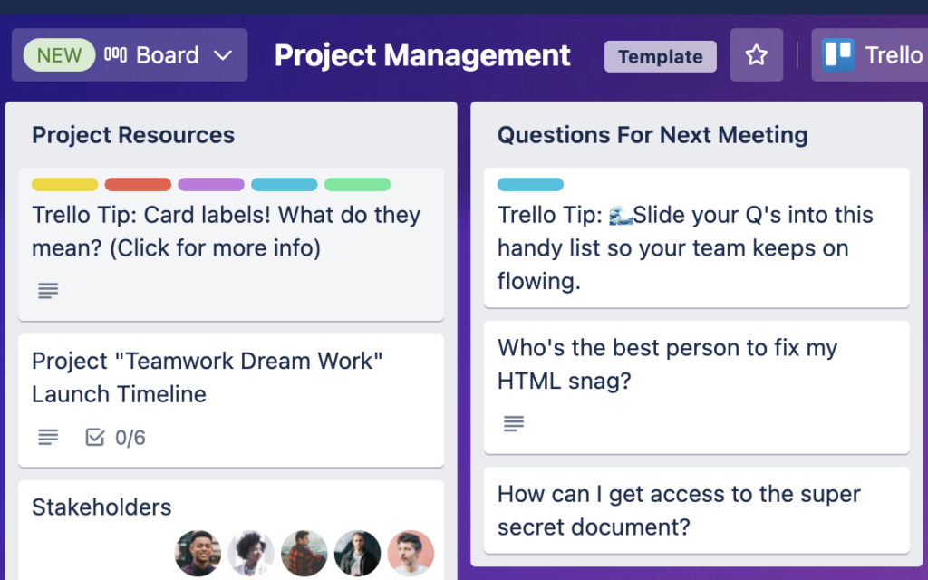 Trello remote team software main task dashboard view