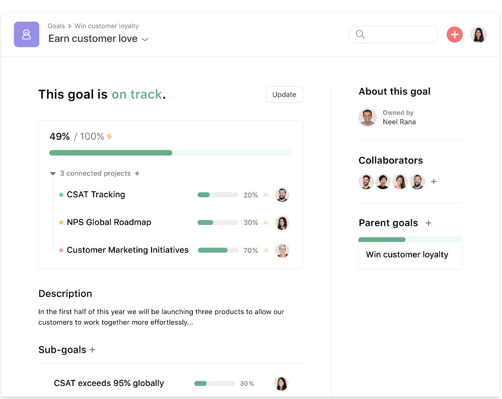 Asana for tracking goals in a team and connecting projects