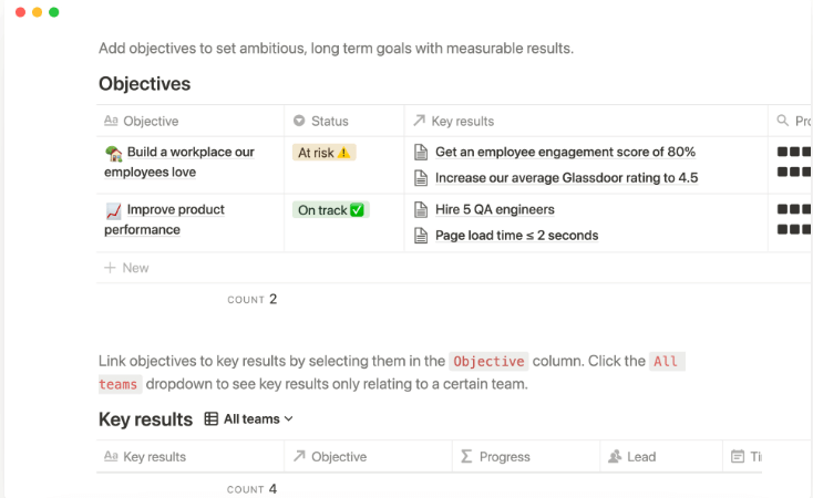 Notion OKR template for team goal tracking
