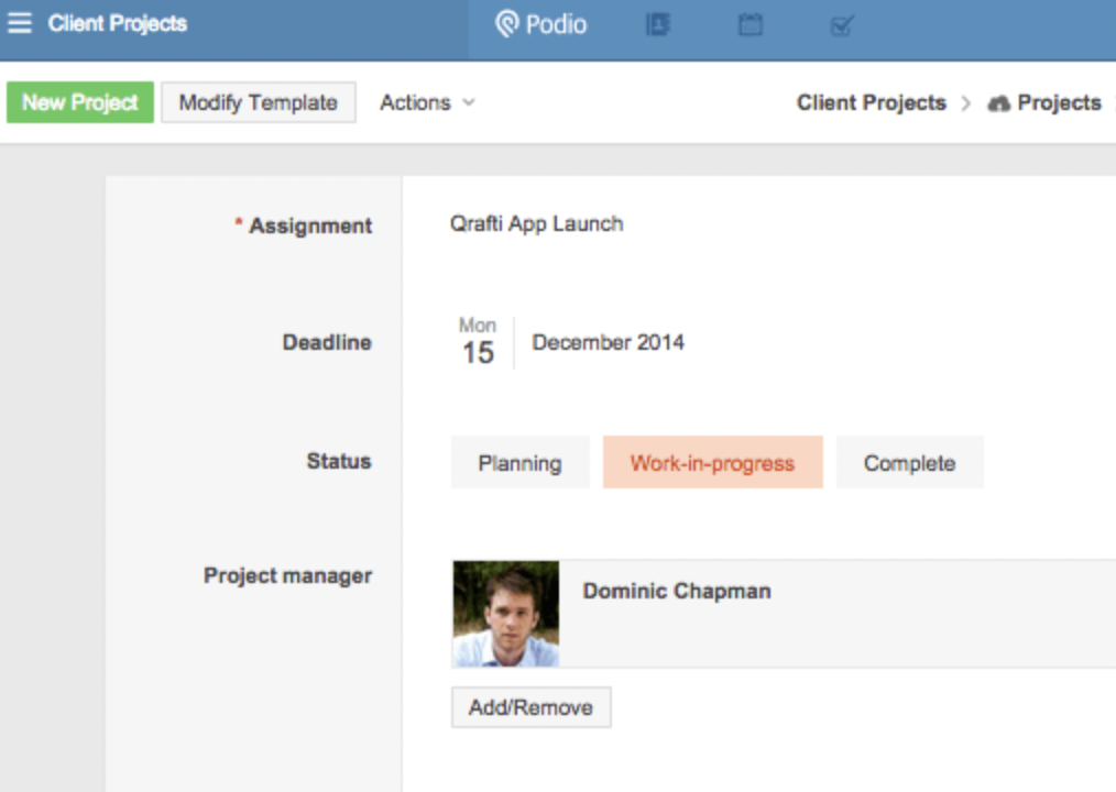 Podio software client projects tab view