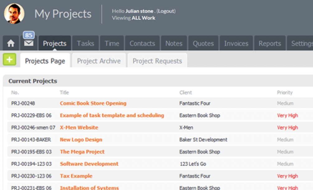 ProWorkFlow software projects list view