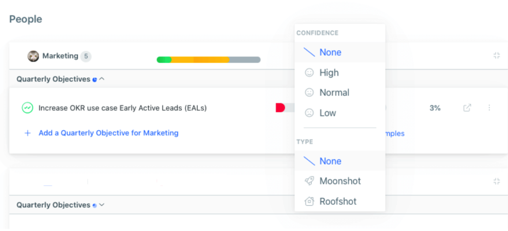 Set Confidence levels (High-Low) and Moonshot or Roofshot types in Weekdone OKR software