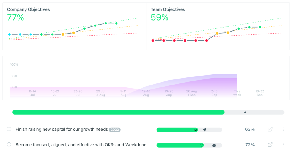 Weekdone OKR dashboard view with graphs depicting OKR progress. 