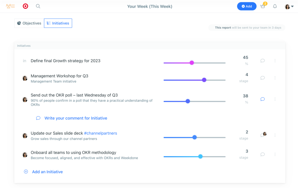 Comment on Objectives and Initiatives in Weekdone OKR Software