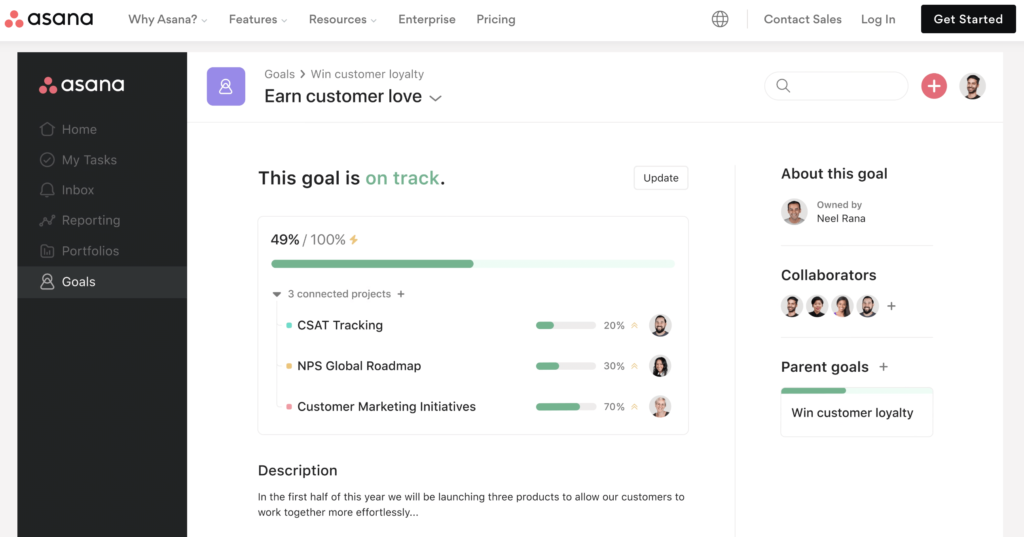Asana project management and goal tracking 