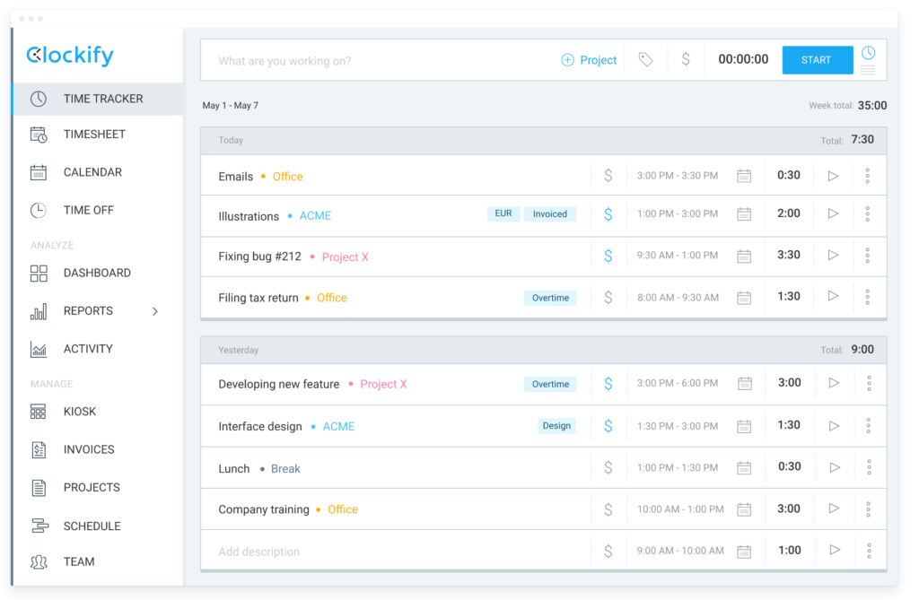 Clockify for time tracking best used with a goal tracking spreadsheet 