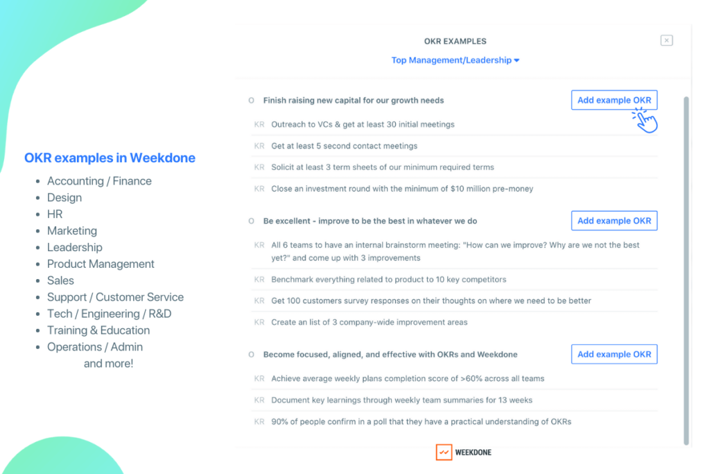 Adding OKR examples in Weekdone OKR Software 