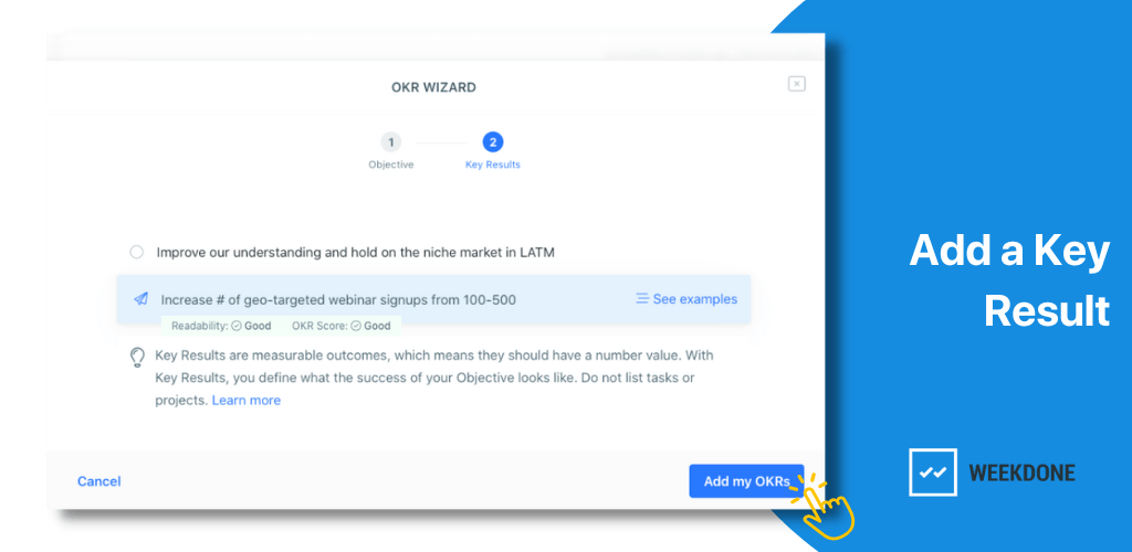 Easily add Objectives and Key Results - OKR Wizard - Weekdone