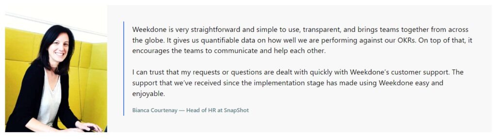 SnapShot Success Story - Weekdone OKR Software Platform