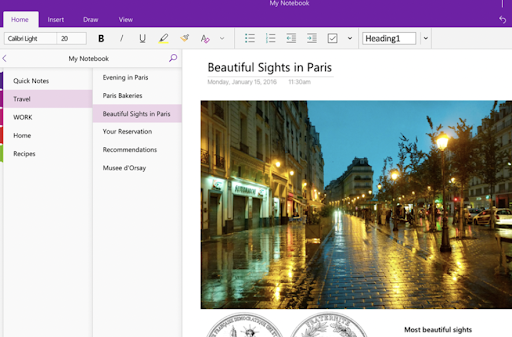 Microsoft Onenote notebook notes example view