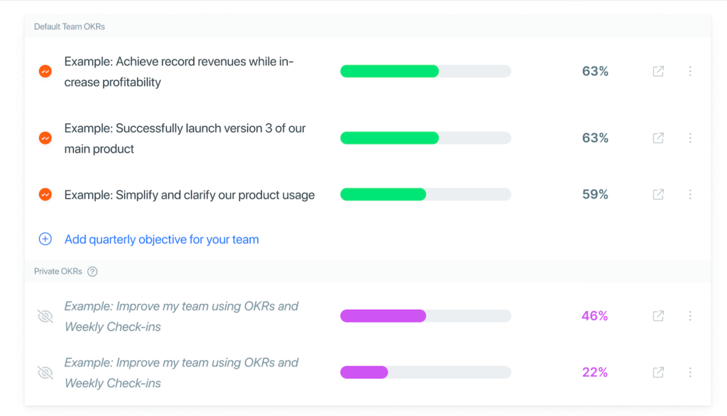 Team and Private OKRs in Weekdone OKR Software