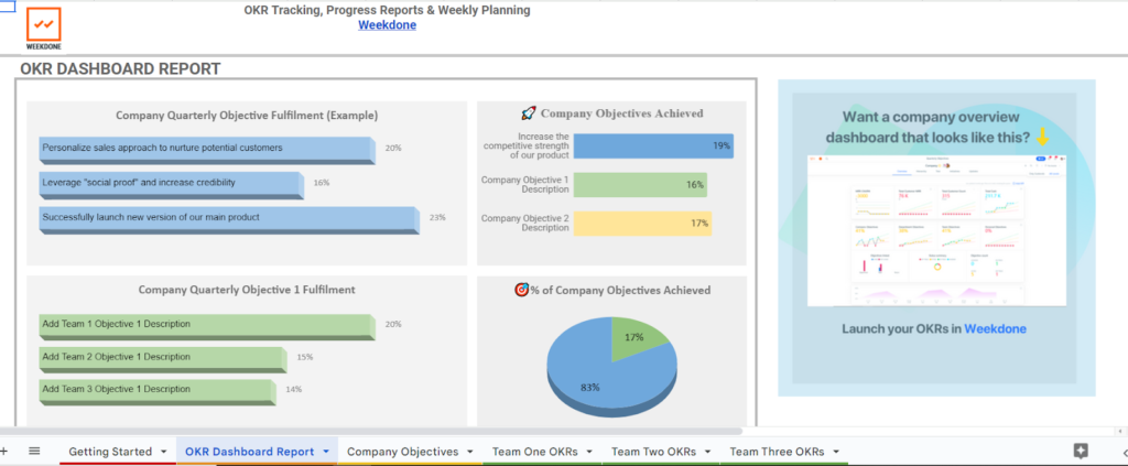 Weekdone OKR Dashboard Template for Better Company Reporting - Spreadsheet Download for Free