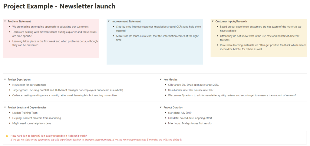 Outcome-Focused Project Planning Template Example