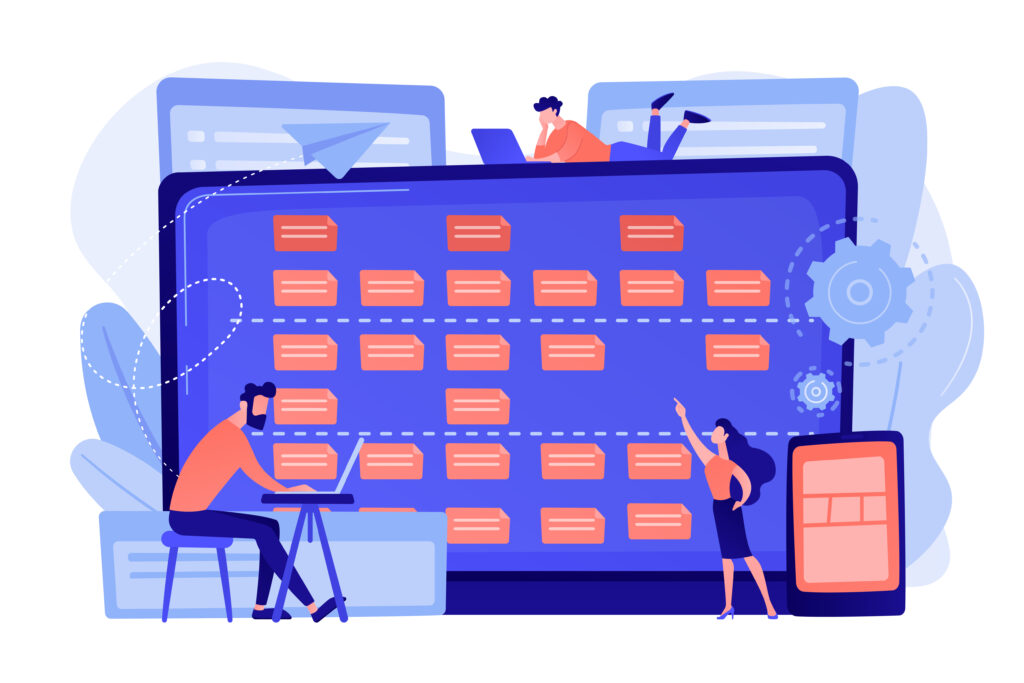 Illustrative image of people using a digital kanban board