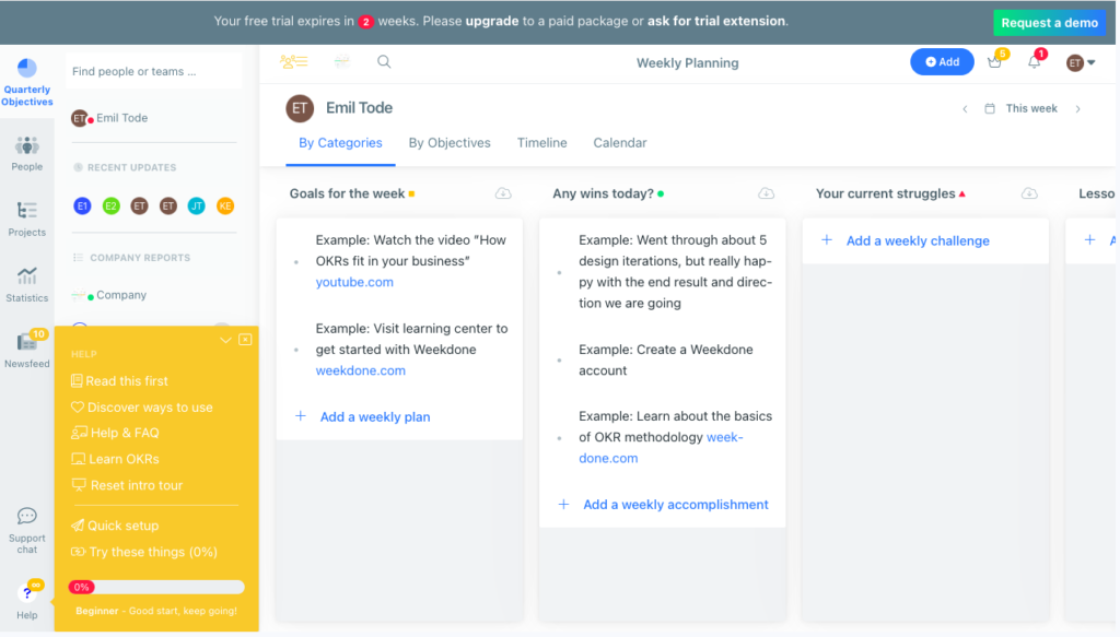 Kanban board in Weekdone